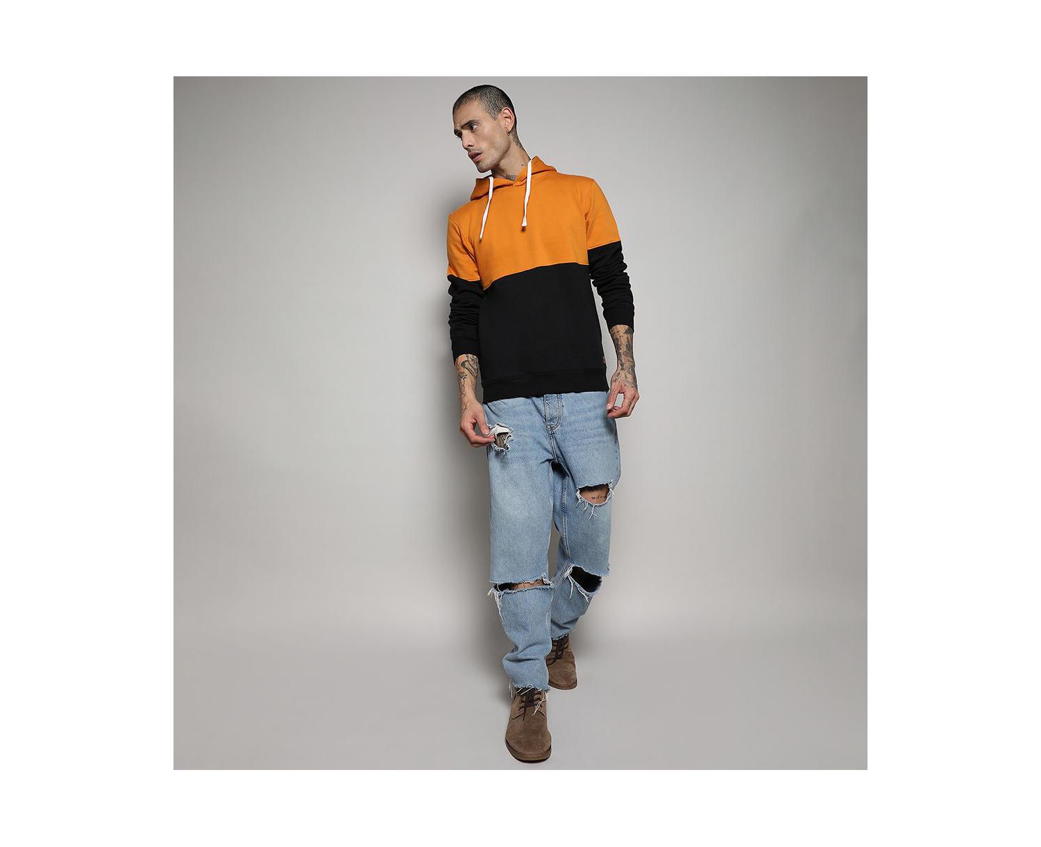 Men's Black & Mustard Yellow Pullover Hoodie With Ribbed Hem