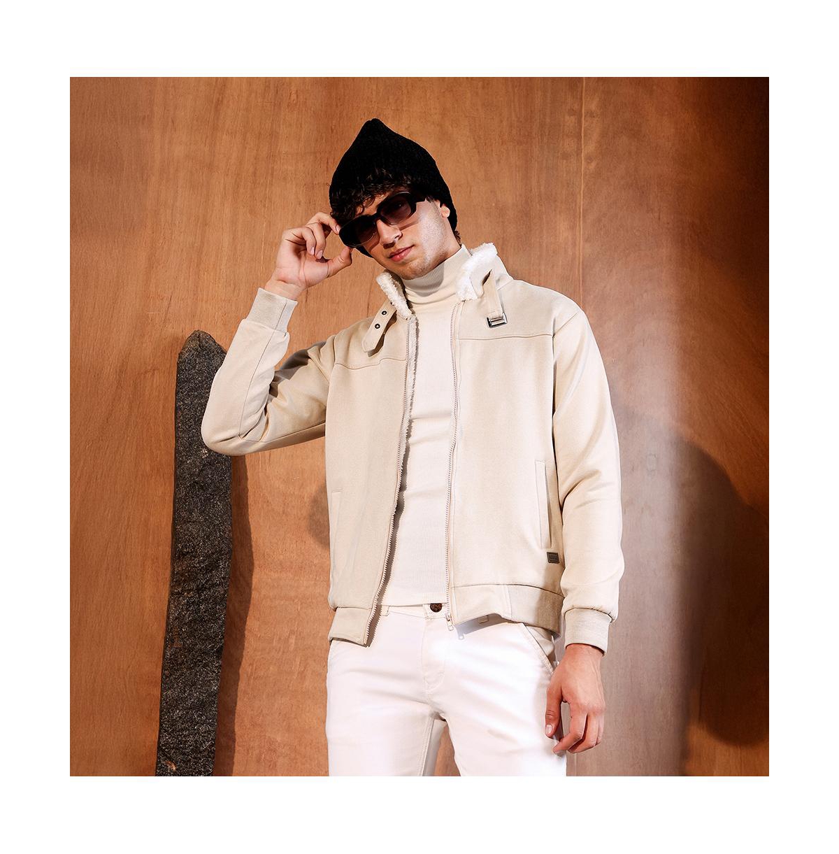Campus Sutra Men's Saltbox Beige Contrast Sherpa-Lined Suede Bomber Jacket