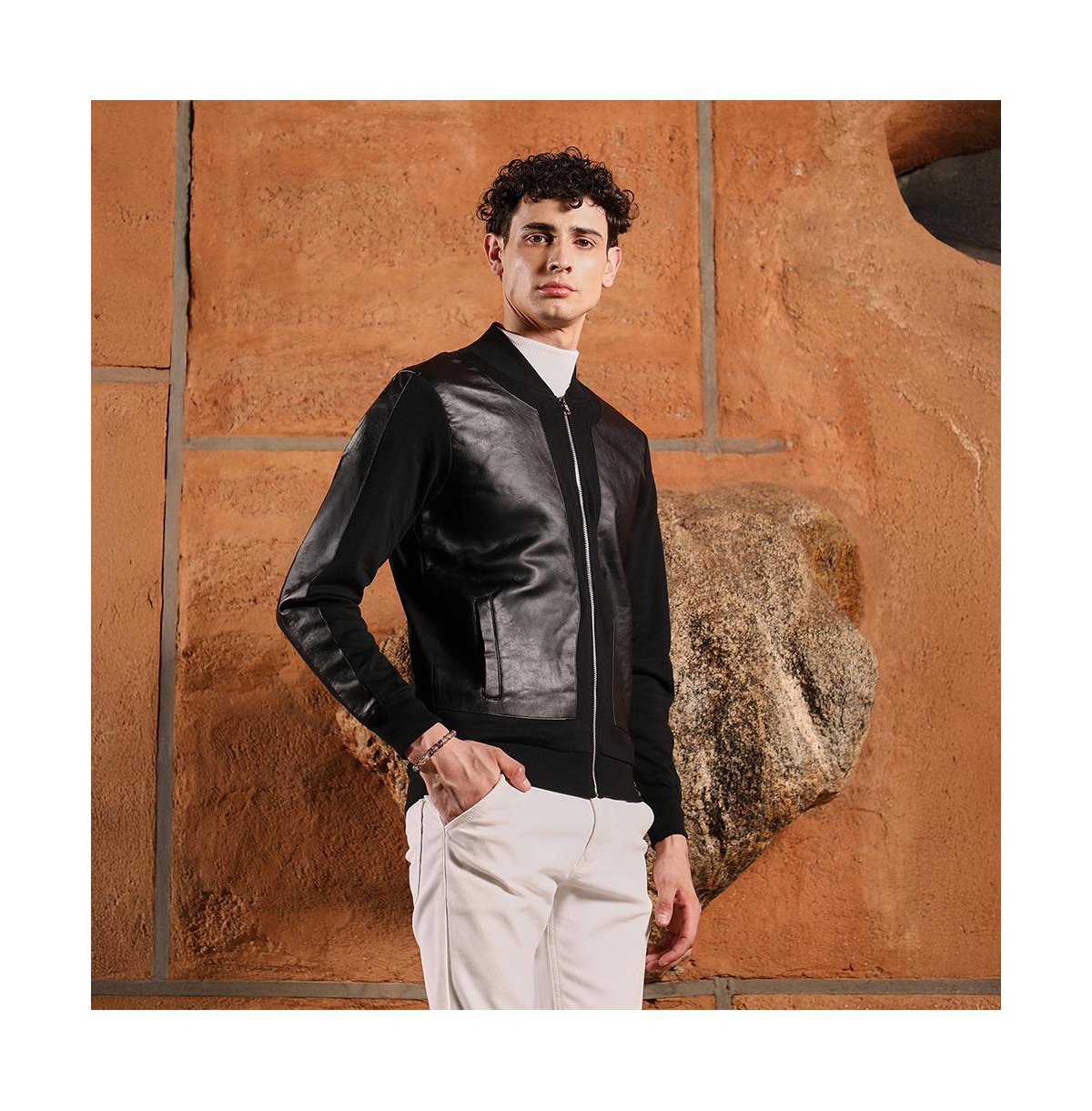 Campus Sutra Men's Onyx Black Self-Block Bomber Jacket