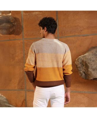 Men's Pumpkin Orange & Chocolate Brown Panel-Jacquard Knit Pullover Sweater