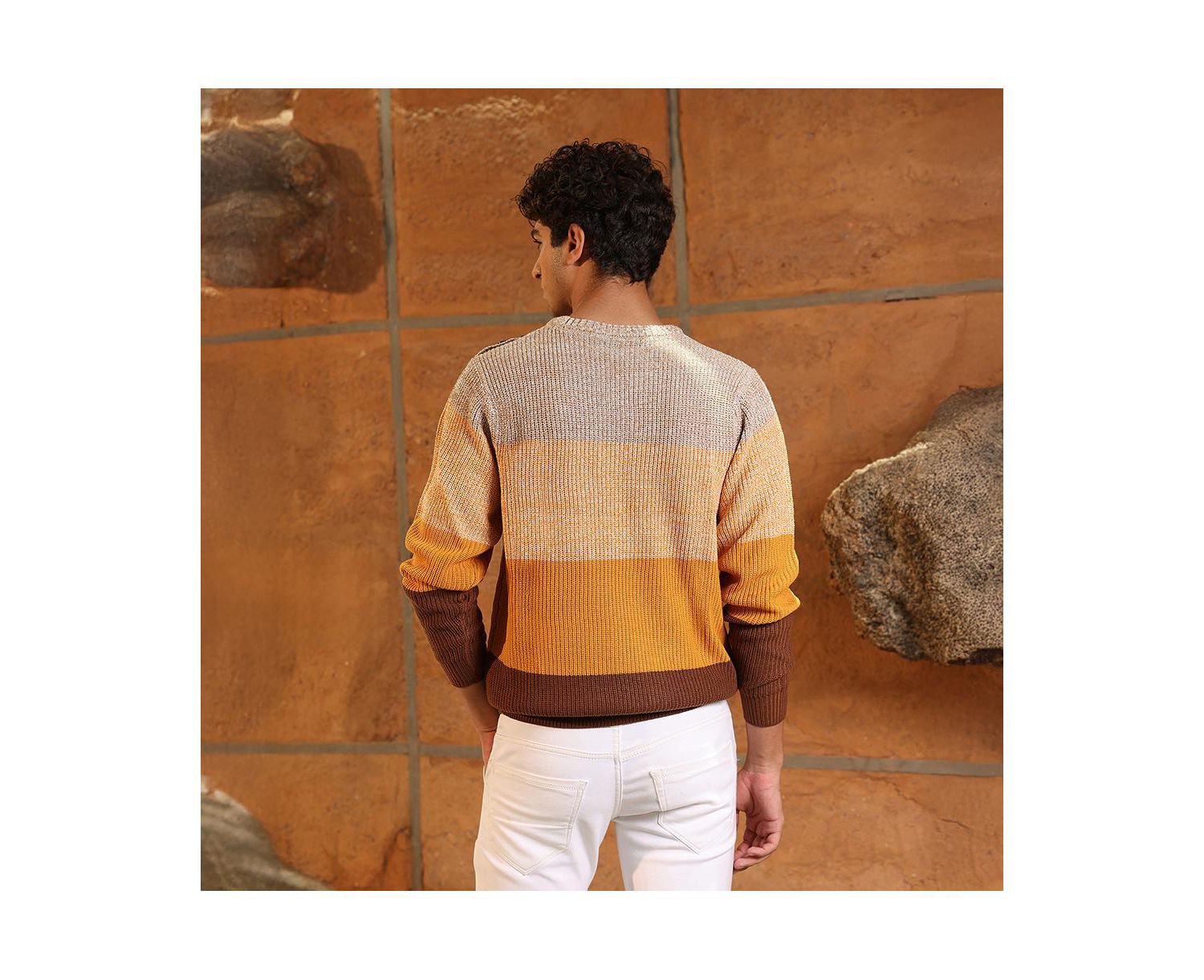 Men's Pumpkin Orange & Chocolate Brown Panel-Jacquard Knit Pullover Sweater