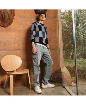 Men's Navy Blue Block-Check Pullover Sweater