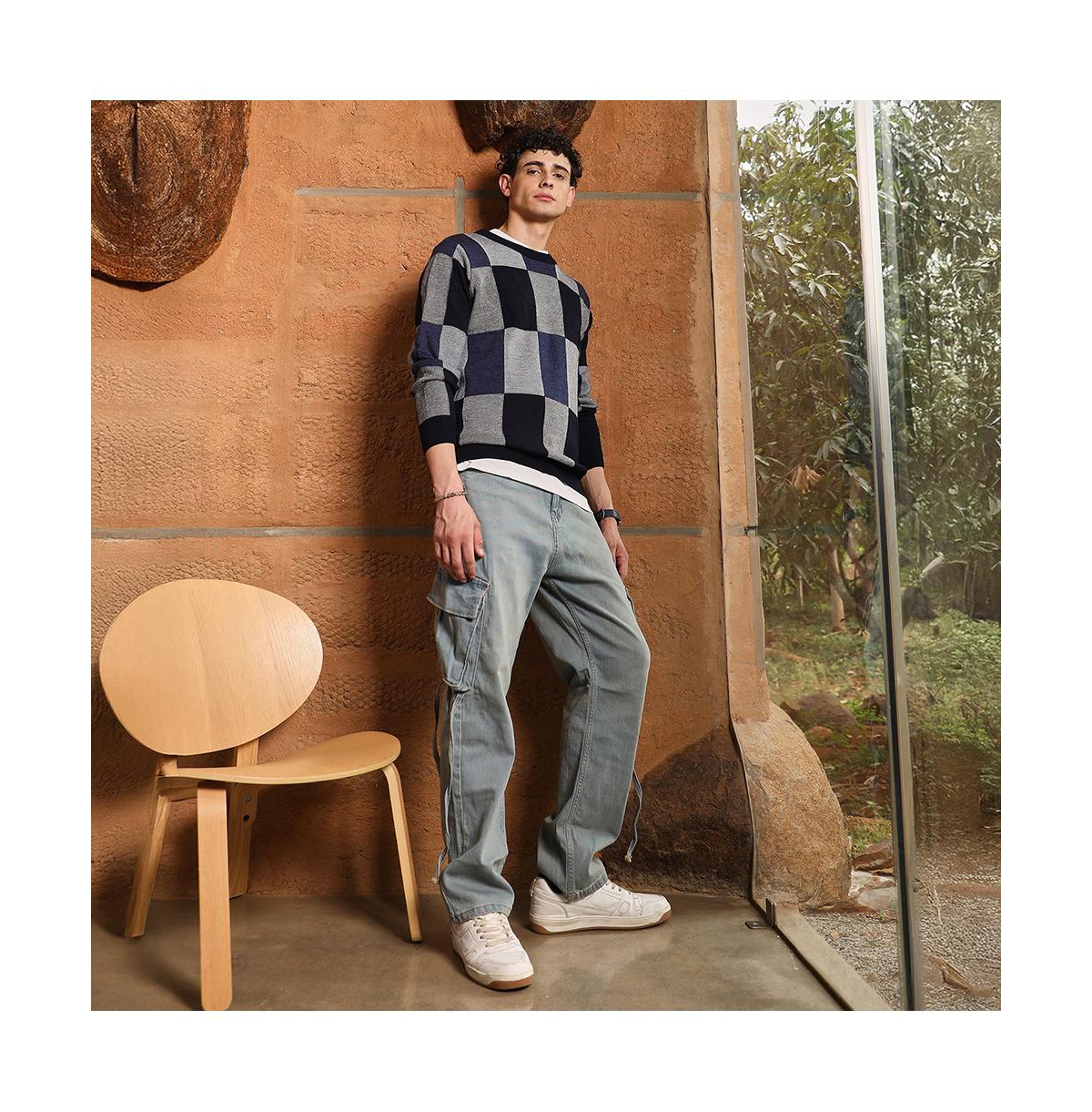 Campus Sutra Men's Navy Blue Block-Check Pullover Sweater