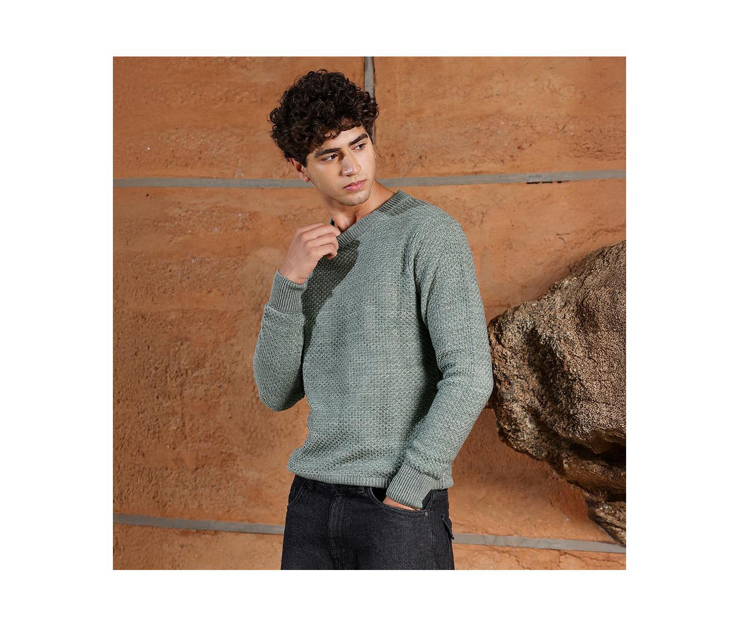 Мужской свитер Campus Sutra Geo-Jacquard Knit Pullover, цвет: Зелёный — фото 2