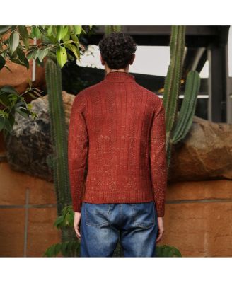 Men's Terracotta Brown Heathered-Jacquard Knit Fisherman Sweater
