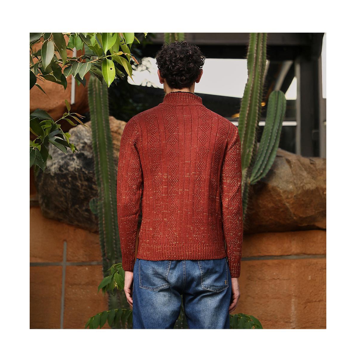 Campus Sutra Men's Terracotta Brown Heathered-Jacquard Knit Fisherman Sweater