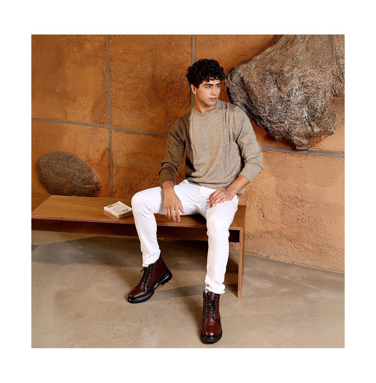 Campus Sutra Men's Sand Beige Textured-Jacquard Knit Pullover Sweater