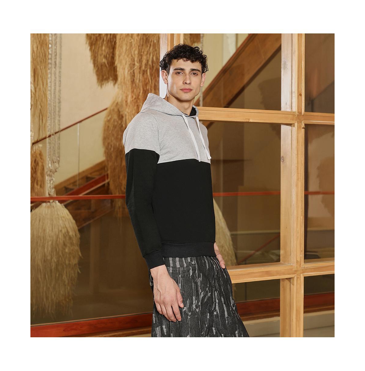 Campus Sutra Men's Coin Grey & Onyx Black Block Pullover Hoodie