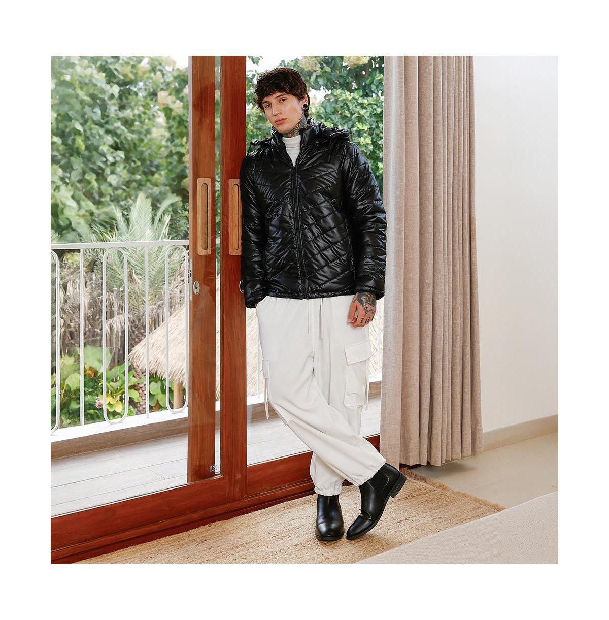 Campus Sutra Men's Onyx Black Patent-Quilt Puffer Jacket