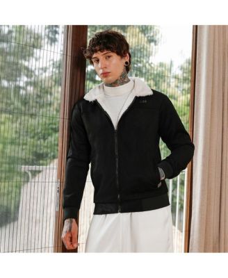 Men's Raven Black Contrast Sherpa-Lined Suede Bomber Jacket