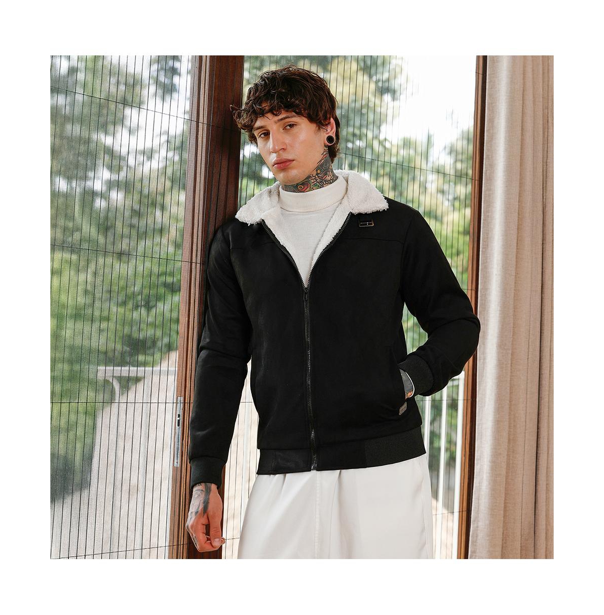 Campus Sutra Men's Raven Black Contrast Sherpa-Lined Suede Bomber Jacket