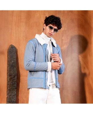 Men's Powder Blue Contrast Sherpa-Lined Suede Rider Jacket