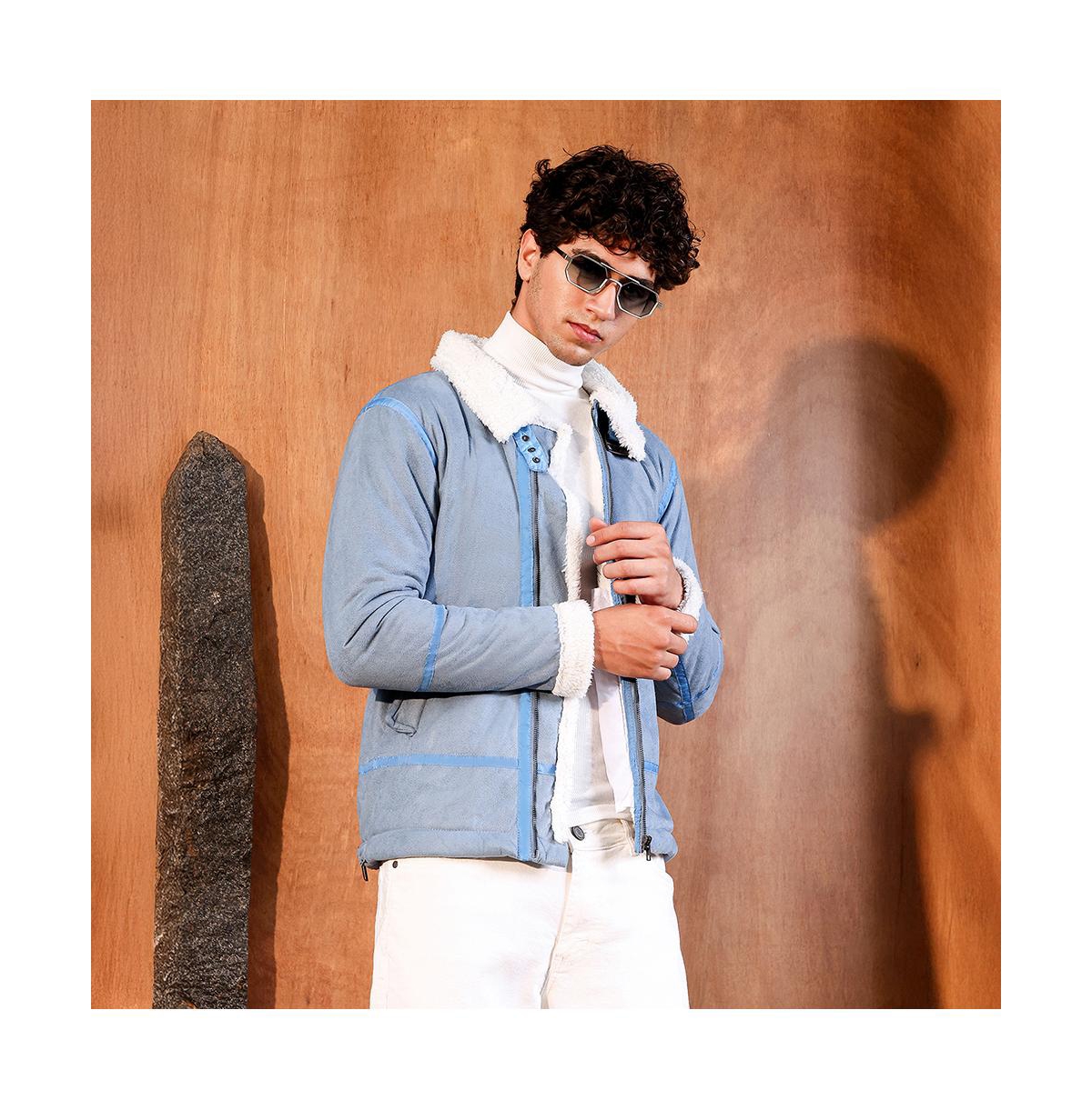 Campus Sutra Men's Powder Blue Contrast Sherpa-Lined Suede Rider Jacket