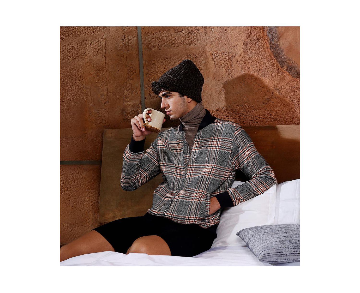 Men's Midnight Black & Chocolate Brown Tartan-Plaid Bomber Jacket