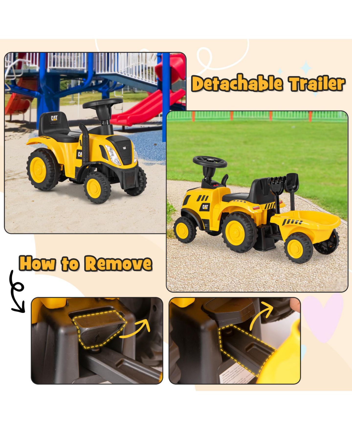 Детская игрушка SUGIFT Licensed Caterpillar® Pedal-Powered Ride-On Tractor with Detachable Trailer, Ages 3+, цвет: Жёлтый — фото 4