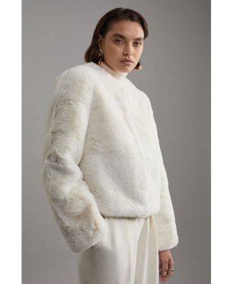 Women's Collarless Faux Fur Jacket