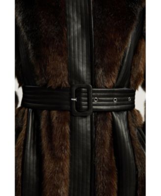 Women's Faux Fur PU Panelled Belted Midi Coat