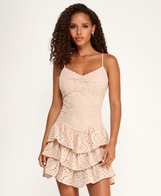 Women's Eyelet Tiered Sweetheart Neck Short Dress