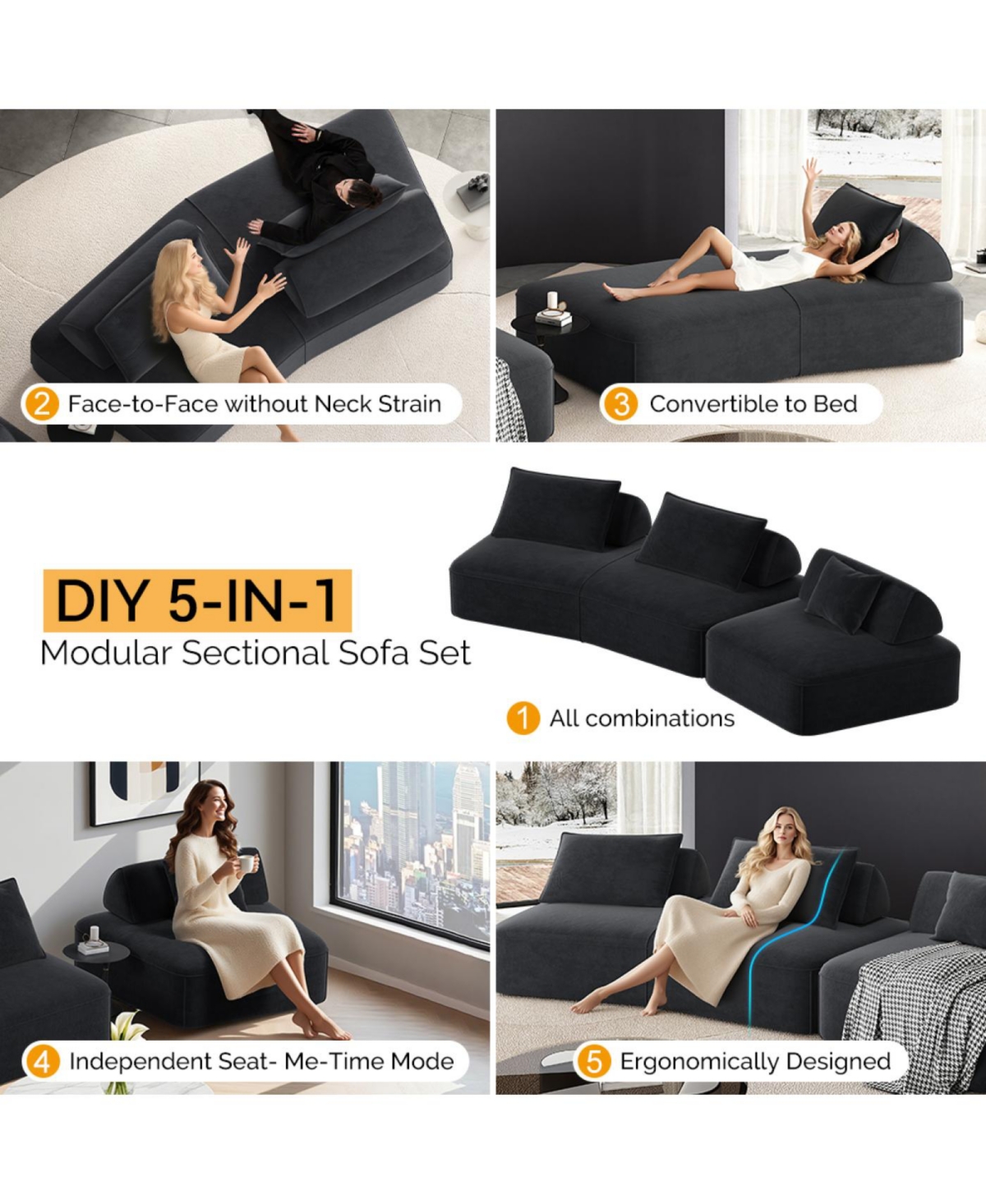 Streamdale Furniture Streamdale Modern Light Luxury Oversized Modular Sectional Sofa, Fluffy Chenille, Removable Backrests, Dark Grey