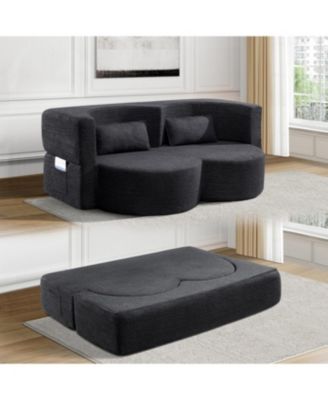 Folding sofa bed, teddy bear fabric foam sleeper futon double sofa (black)