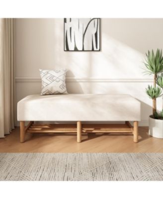 Rectangular Upholstered Linen Fabric Ottoman Bench, Solid Wood Legs, Beige