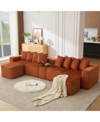 U Shaped Sofa, USB/Wireless Charge, Coffee Table, Movable, 6 Seats, Corduroy, Orange