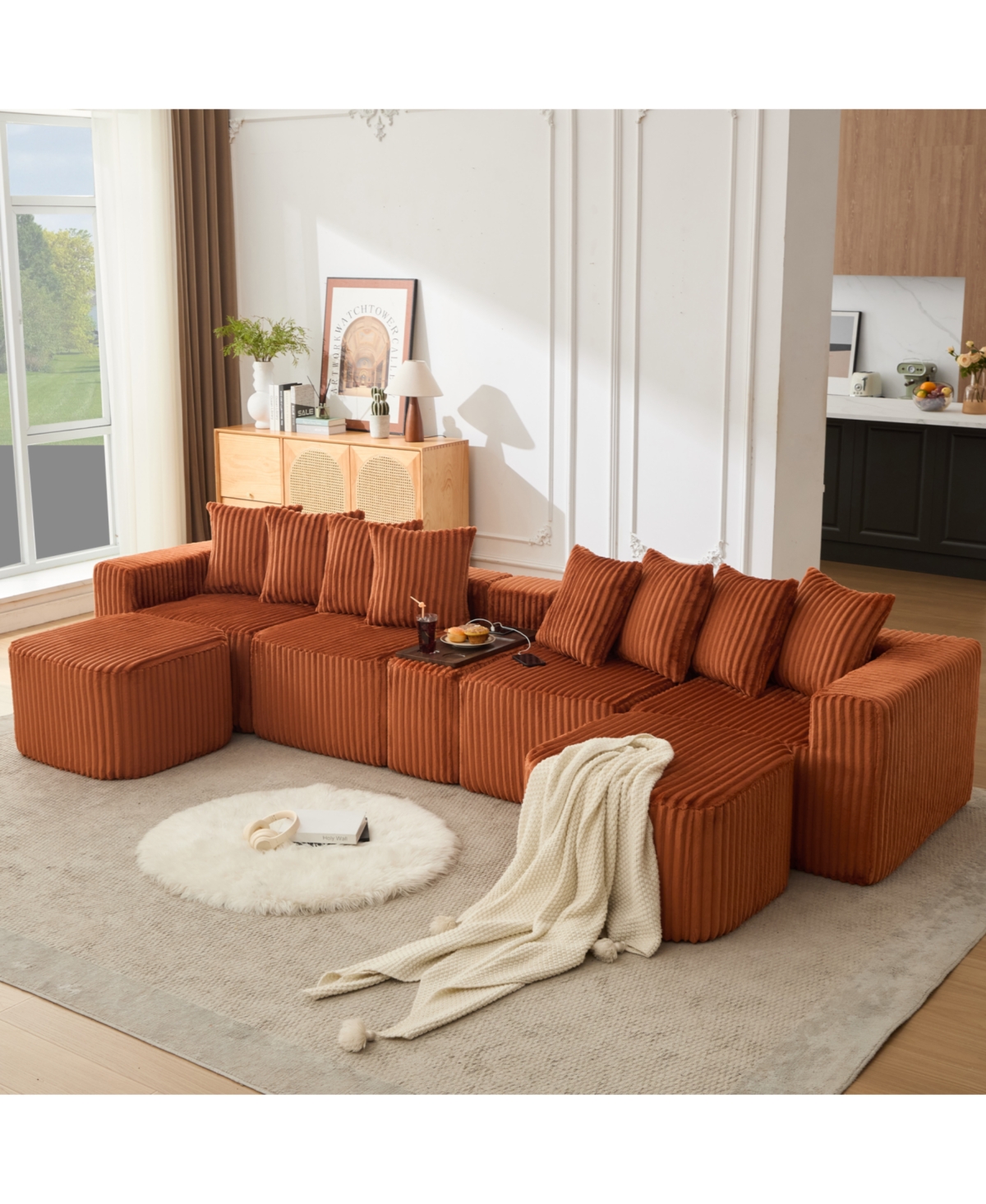 Streamdale Furniture U Shaped Sofa, Usb/Wireless Charge, Coffee Table, Movable, 6 Seats, Corduroy, Orange