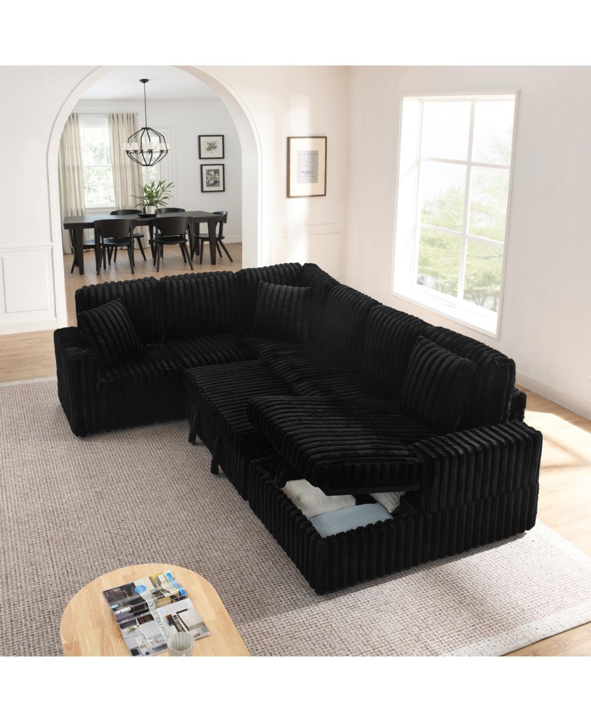 Streamdale Furniture Streamdale Black U-shaped Corduroy Sofa with Pull-out Bed & Storage Chaise