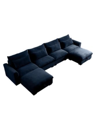 Blue Corduroy U-Shaped Sectional Sofa with Storage Ottomans & Pillows