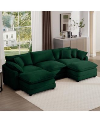 Oversized Modular Cushion Sofa with Ottoman, L-Shaped Corner Sofa Bed, Green Corduroy