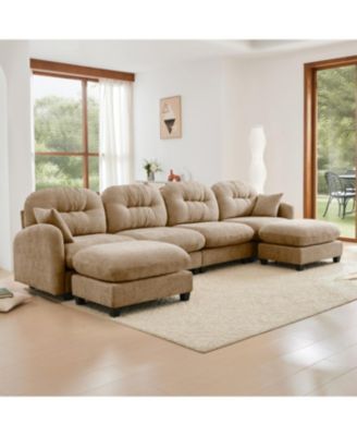 Modular Sectional U Shaped Couch with Ottoman, Soft Chenille Fabric, Camel