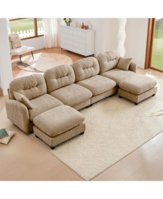 Modular Sectional U Shaped Couch with Ottoman, Soft Chenille Fabric, Camel