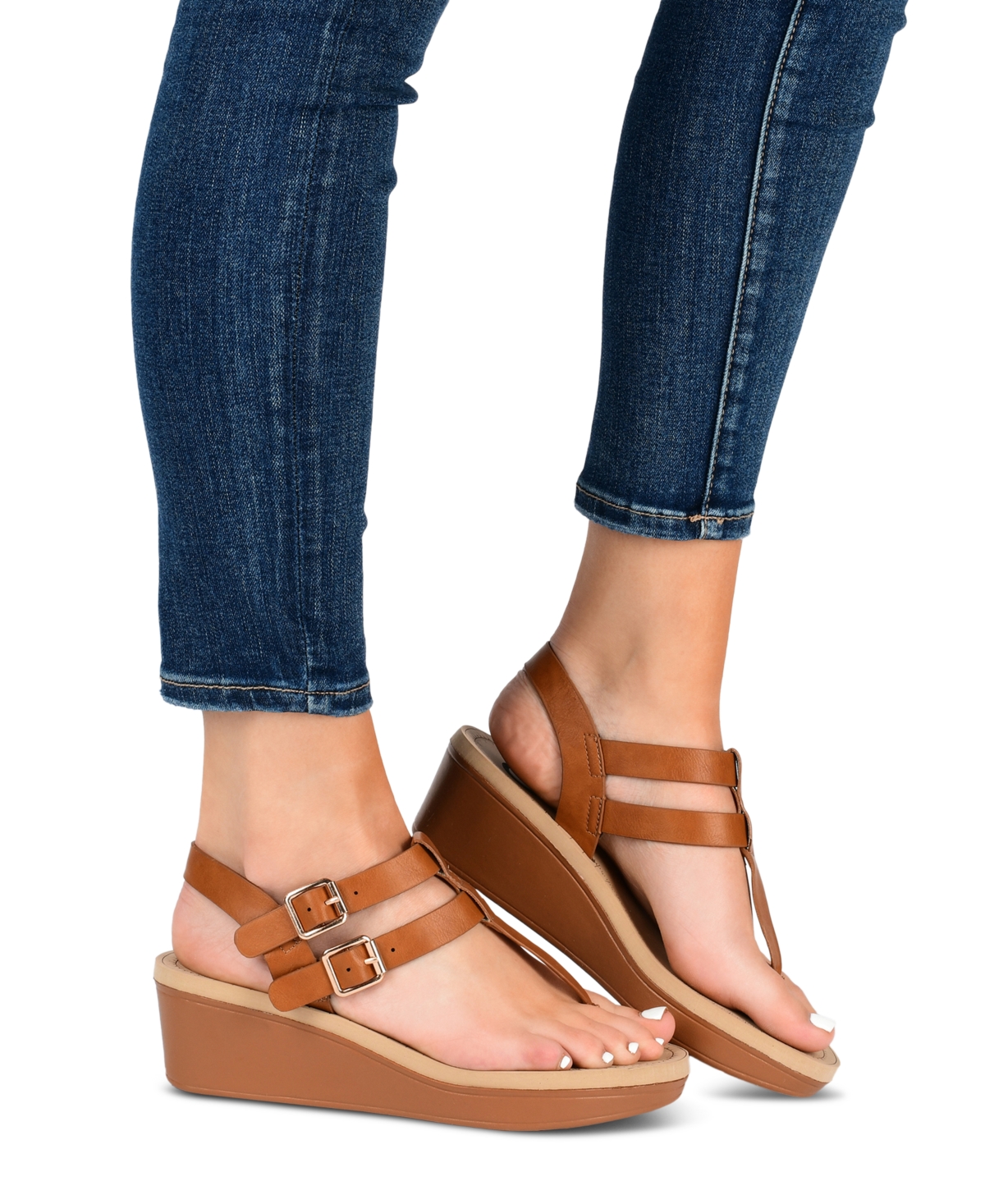 Journee Collection Womens Bianca Medium and Wide Width Comfort System Wedge Heel Buckle Sandals
