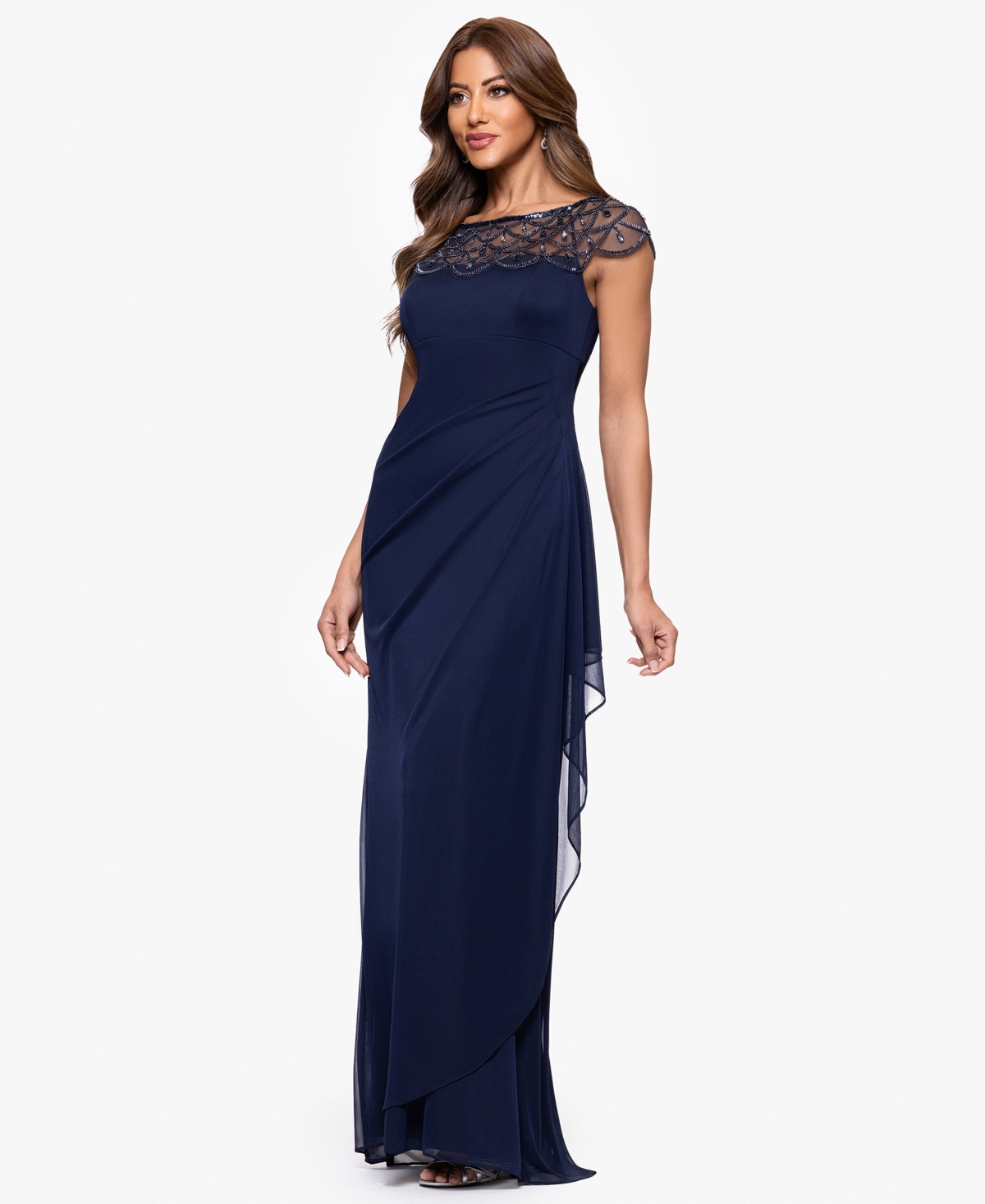 Xscape Petite Short-sleeve Boat Neck Dress In Blue