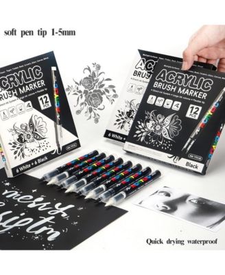 12Pcs White Acrylic Paint Pens, Soft Brush Tip Markers for Wood, Metal, Rock, Plastic, Glass, Canvas and Fabric