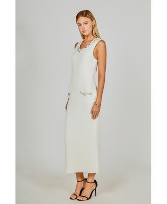 Women's Boucle Knit Jewel Trim Midi Dress