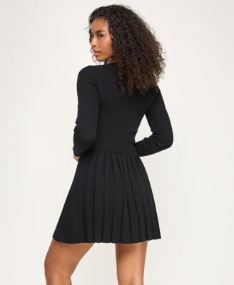 Juniors Pleated Round Neck Fit & Flare Sweater Dress
