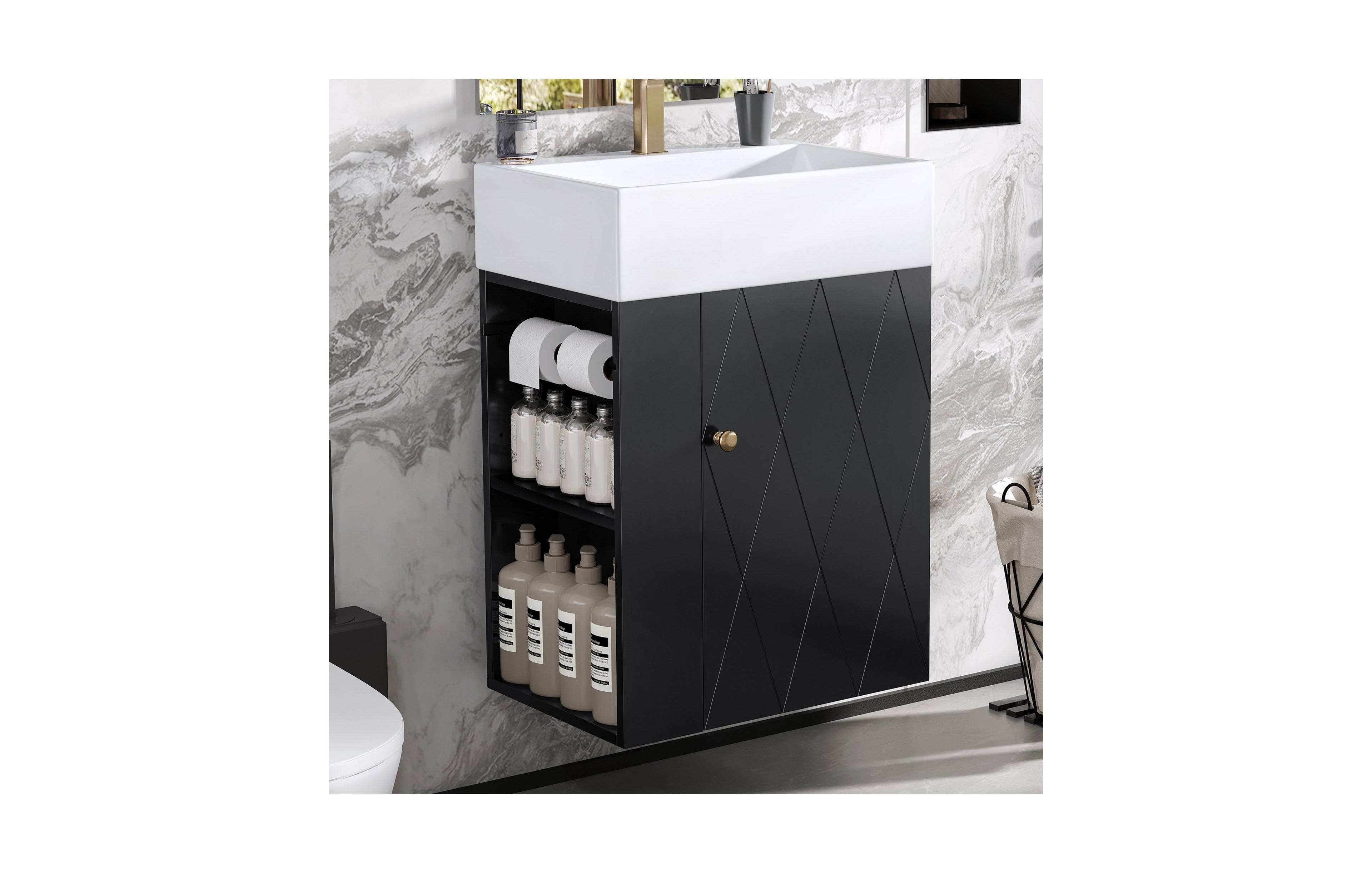 Boyel Living 20 Inch Bathroom Vanity with Ceramic Sink, Diamond Pattern Door, Gold Handle, Side Storage Shelves, Modern Cabinet Towel Bar