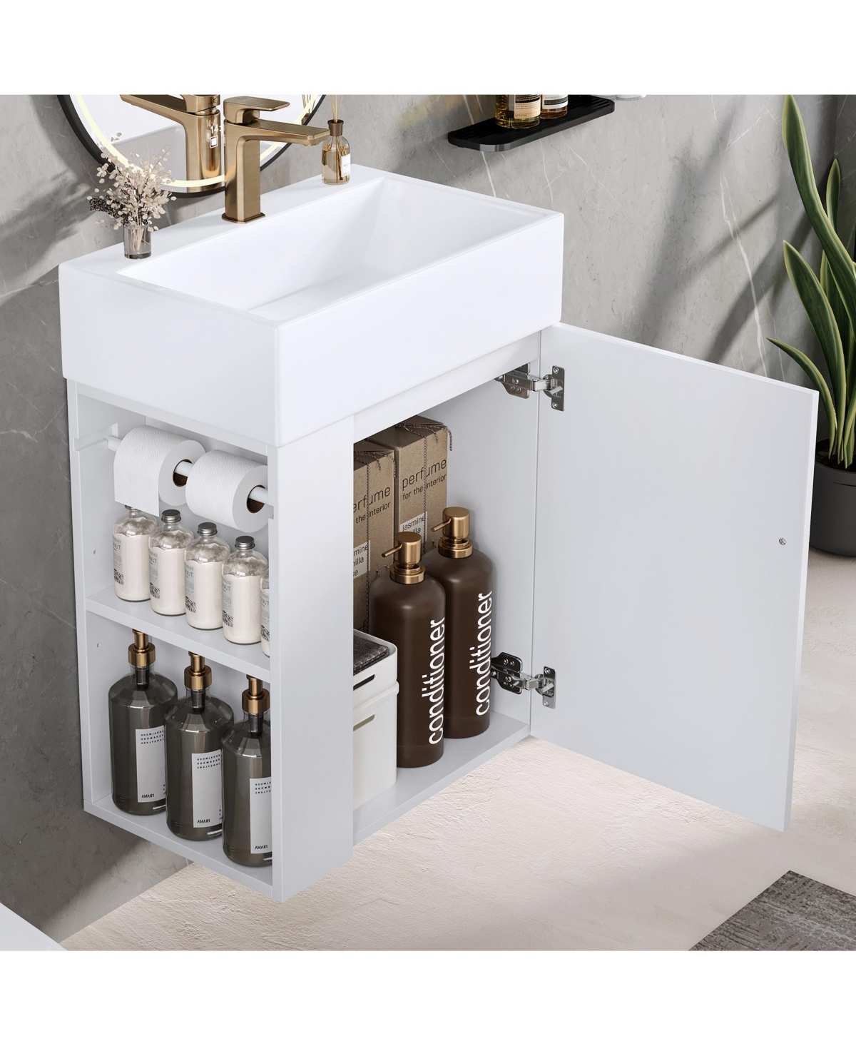 Casainc Bathroom Vanity with Ceramic Sink Diamond Pattern Door and Gold Handle