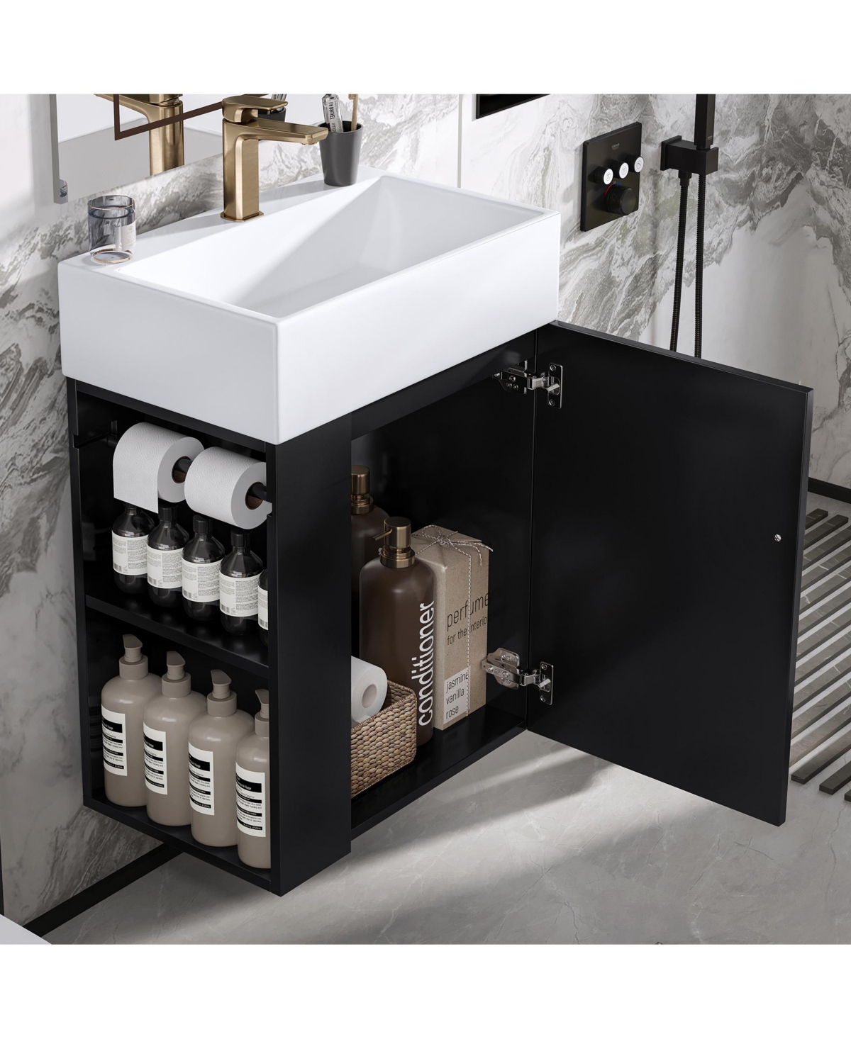 Casainc Bathroom Vanity with Ceramic Sink Diamond Pattern Door and Gold Handle