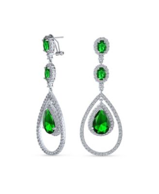 Set of 2 Art Deco Style Clear & Greeen Cubic Zirconia Double Halo Large Teardrop CZ Statement Dangle Chandelier Earrings