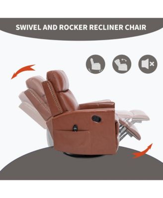 Genuine Leather Heat Massage Manual Recliner Chair with Rocker and Swivel