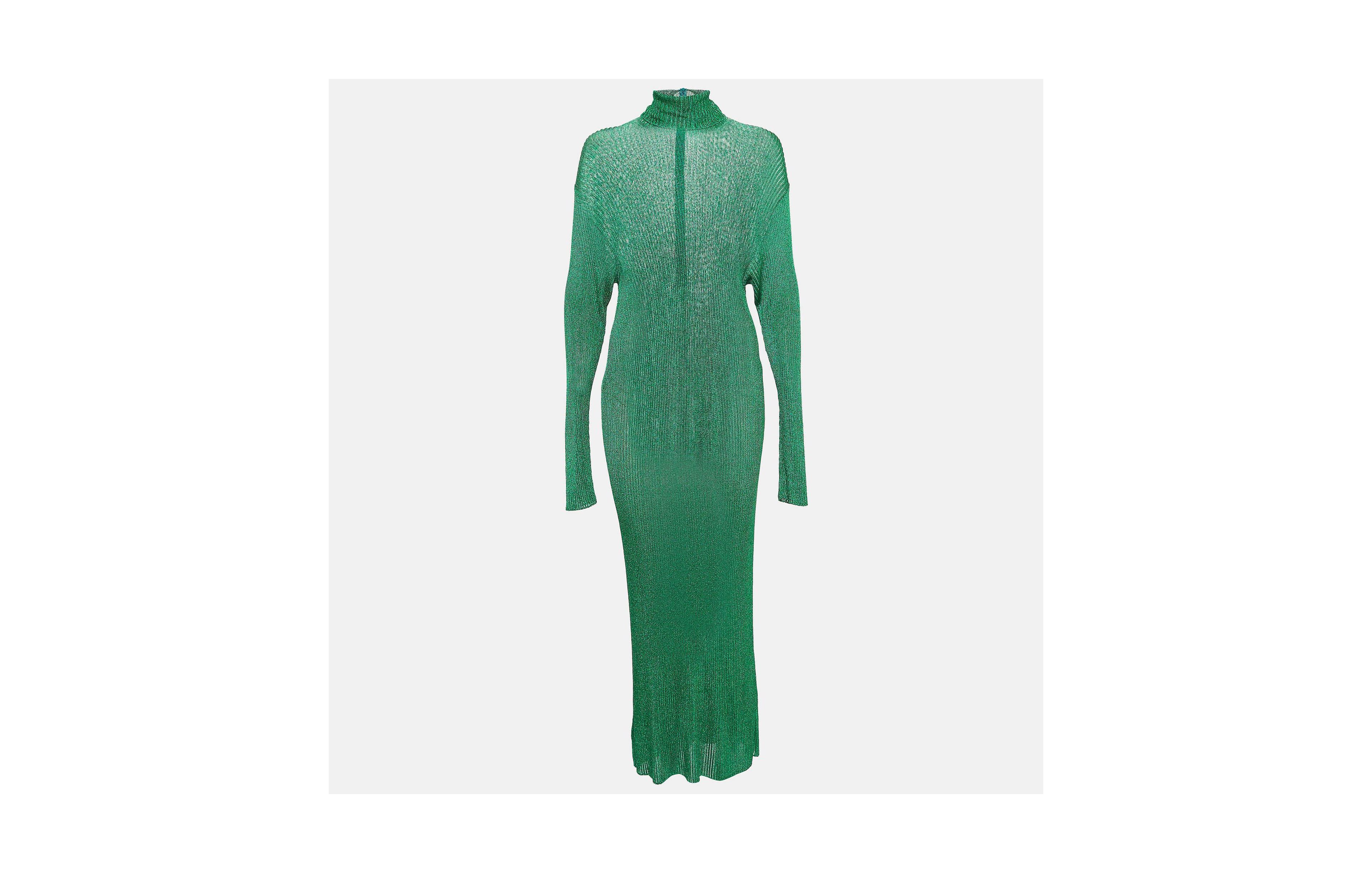 Pre-Owned Balenciaga Women's Green Metallic Rib Knit Turtle Neck Maxi Dress
