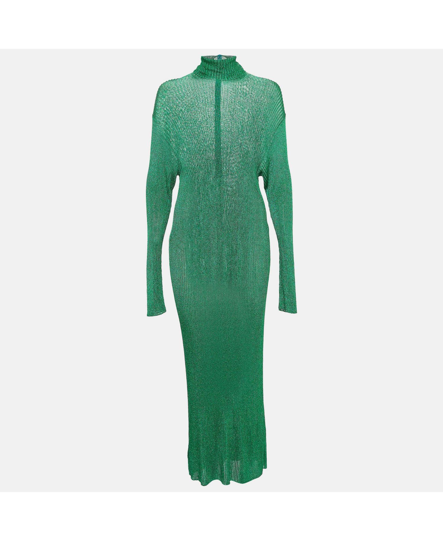 Women's Green Metallic Rib Knit Turtle Neck Maxi Dress