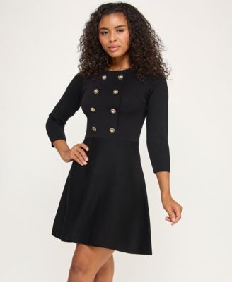 Juniors' 3/4-Sleeve Chain Neck Fit & Flare Sweater Dress