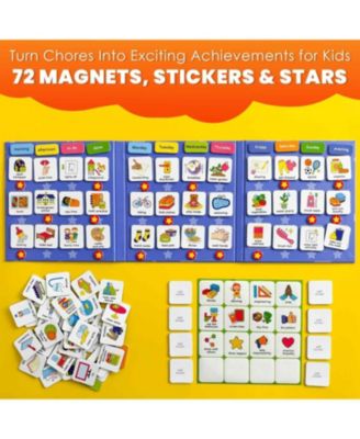 Magnetic Chore Chart for Kids with 72 Routine Magnets & Star Rewards - Foldable Visual Daily Responsibility Schedule