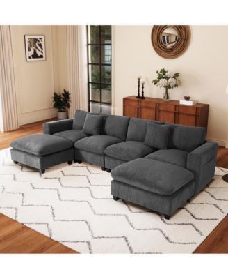 128" Corduroy Modular U-Shaped Sectional Couch and Chaise With USB/Type-C Ports and Side Pockets