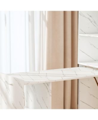 Streamdale Stretchable desk with storage shelves and wheels, foldable, white marble