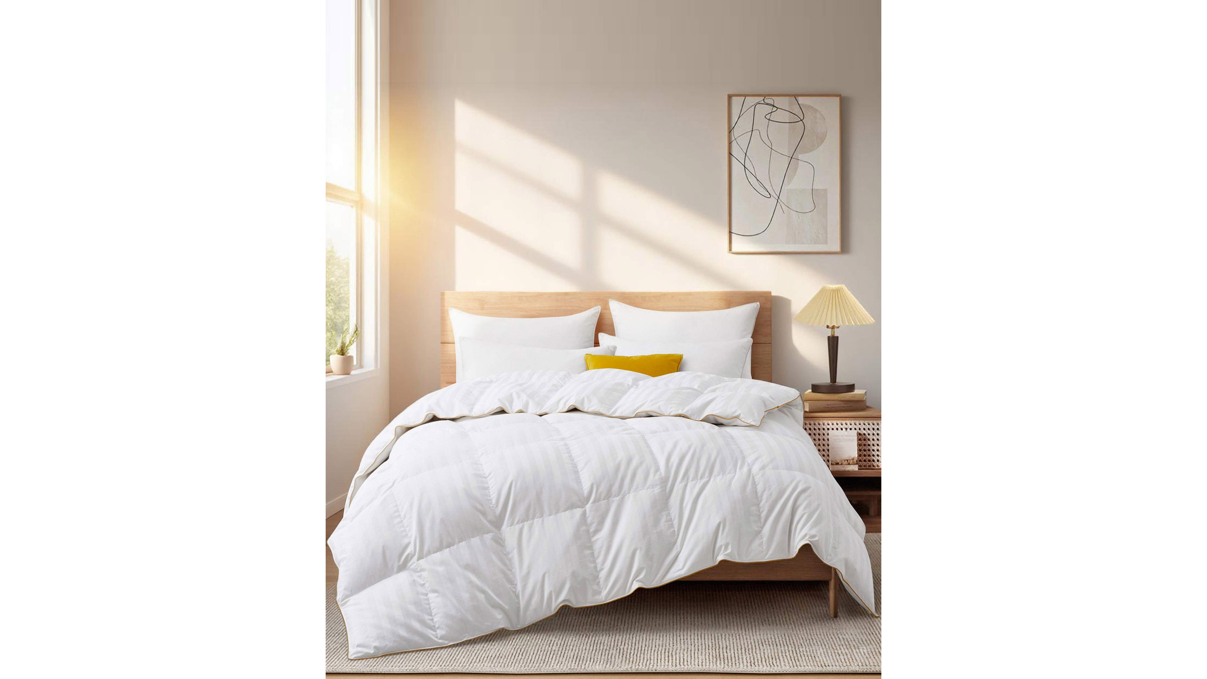 Unikome 500 Thread Count Cotton Fabric All Season Classic Stripped White Goose Down Fiber Comforter, Full/Queen