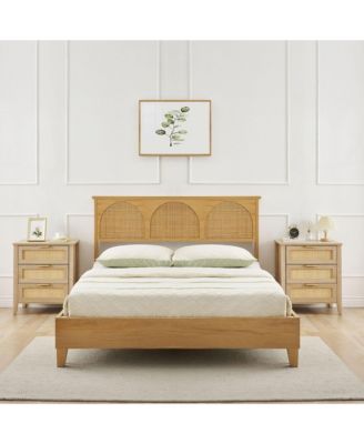 Nightstand, Rattan End Table, Nightstands with 3 Natural Rattan Drawers, Strong Support Wooden Structure, Side Table